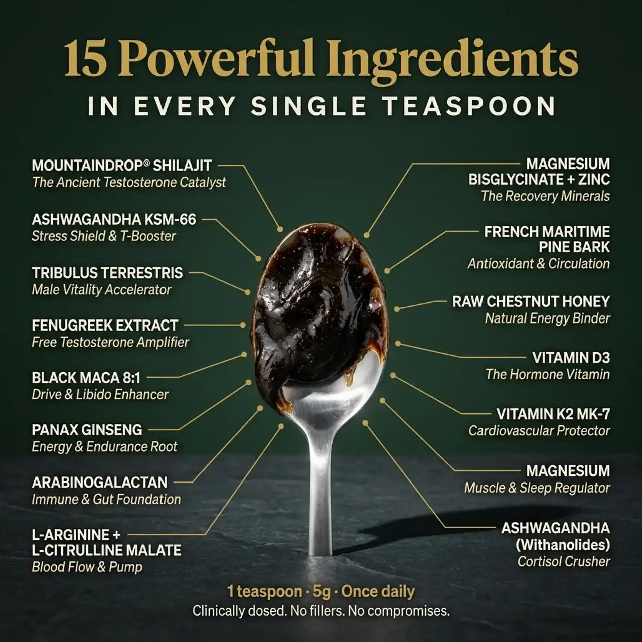 Spoon with a dark substance labeled '15 Powerful Ingredients' on a green background